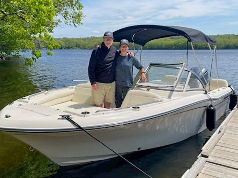 Bob and Tracey were all smiles the day they took delivery of their new Freedom 215, Abenake, which means Loon, the beautiful bird that populates many lakes in Maine photo copyright Grady-White taken at  and featuring the Power boat class