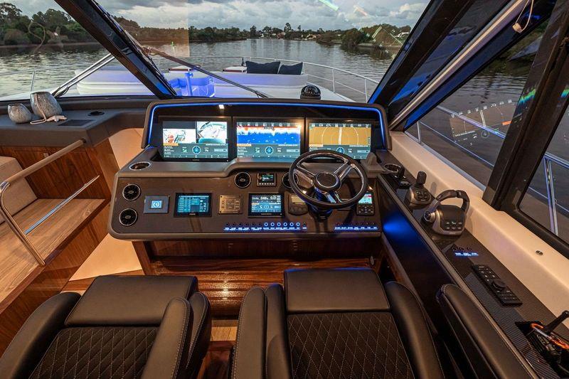 Riviera 6800 Sport Yacht Platinum Edition helm is state-of-the-art, featuring touch-screen navigation and operation technology all designed to make your boating even easier and more pleasurable photo copyright Riviera Australia taken at  and featuring the Power boat class