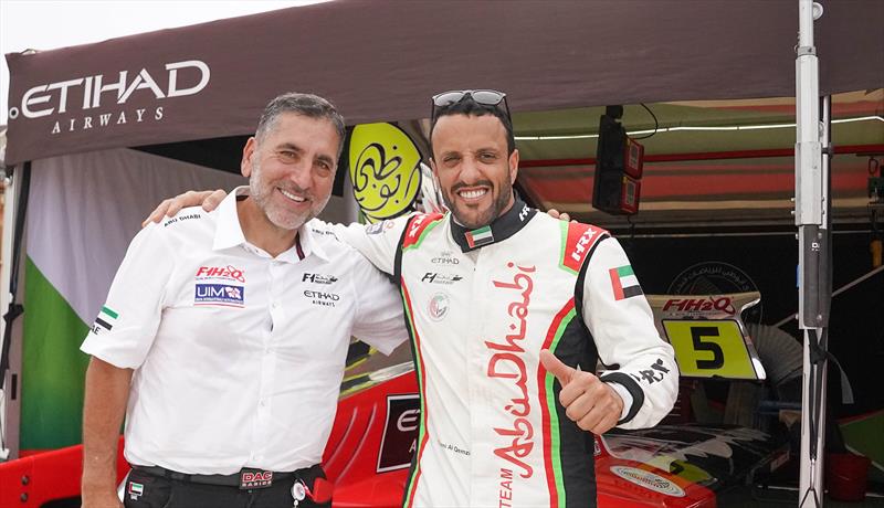 Thani Al Qemzi with Team Abu Dhabi manager Guido Cappellini - the Emirati driver is chasing an 11th career win photo copyright Narayan Marar taken at  and featuring the Power boat class