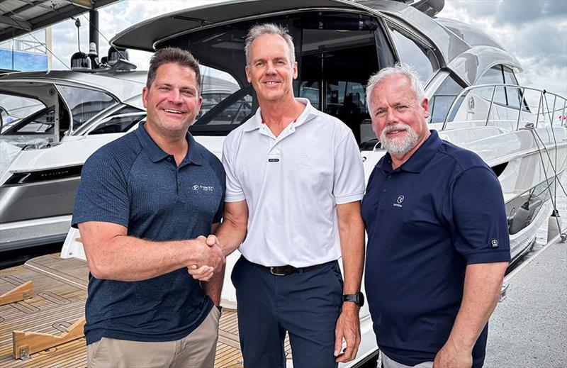 Freedom Marine Vice President Denis Barnard (left) pictured with Riviera owner Rodney Longhurst and Riviera West Coast Sales Manager Rob Scott (right) - photo © Riviera Australia