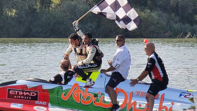 Team Abu Dhabi's Rashed Al Qemzi and Mansoor Al Mansoori celebrating their 1-2 at the Grand Prix of Italy - 2024 UIM F2 World Championship photo copyright Narayan Marar taken at  and featuring the Power boat class