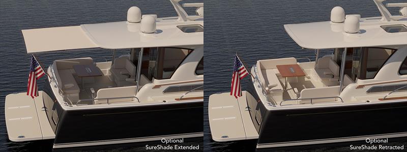 Electrically operated aft sunshade from the extended overhang of the coachhouse roof - Sabre 51 Salon Express - photo © Sabre Yachts