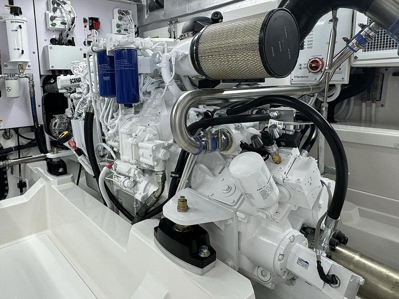 ZF gearboxes have the smoothest actuation going around - sitting here behind Scania's Di13 900hp inline six - Maritimo M600 Black Edition photo copyright John Curnow taken at  and featuring the Power boat class