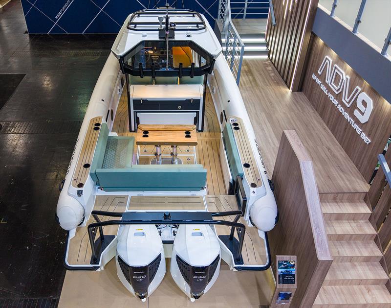 ADV9 cockpit is a lounge, dining table, sun pad, and you can still have access to the stern gate, and there is a an awning for shade, as well.. - photo © Highfield Boats