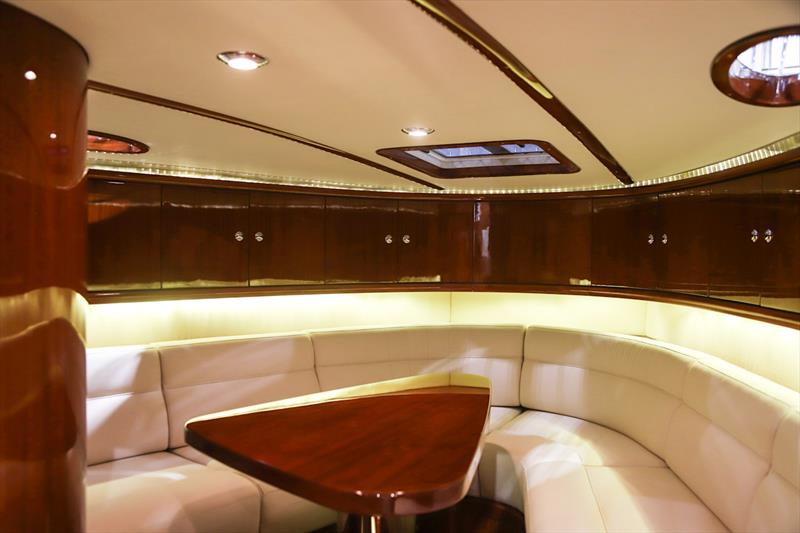 Front cabin: hand-stitched LVMH upholstery against high-gloss mahogany, hand-made and finished - photo © J Craft Boats