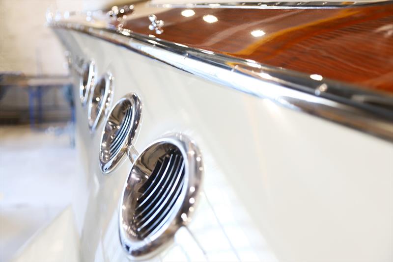 Hand-polished stainless vents along the hull, accentuating the Torpedo's signature tumblehome - photo © J Craft Boats