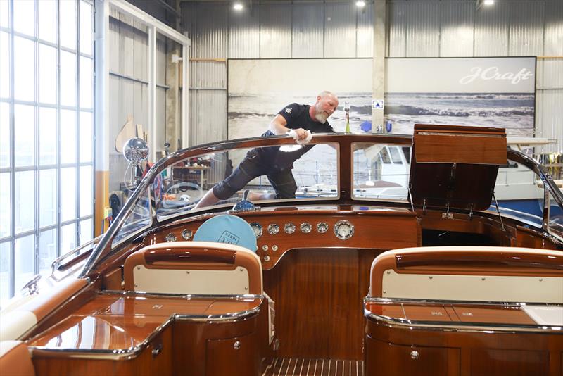 Mahogany above and teak below: the cockpit built, and its sole cured from raw and laid, all by hand - photo © J Craft Boats