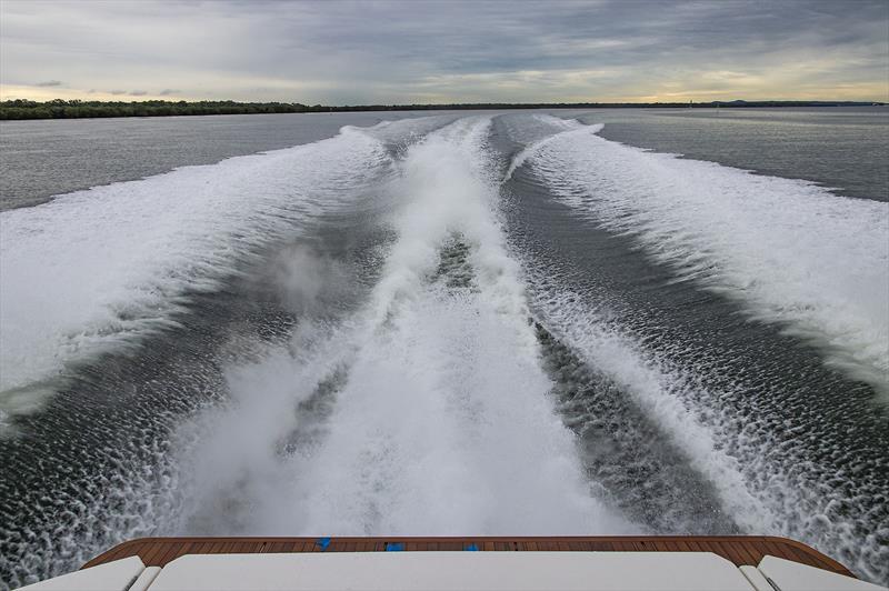 Flat and long wake means FAST - and Maritimo's S50 with twin 1000hp Volvo-Penta D13s is just that - like 35.6 knots WOT - photo © John Curnow