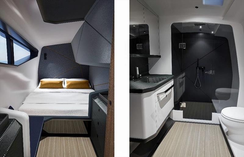 Infiniti 60 Powercat - The Grand Tourer version cabin and en suite head compartment - photo © Infiniti Yachts