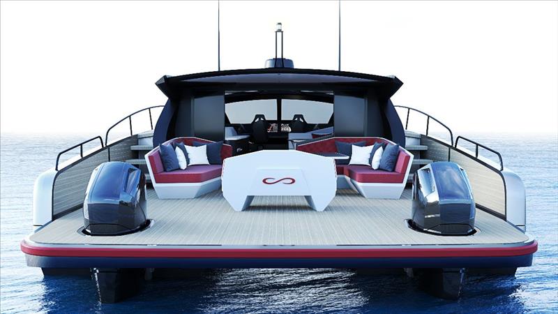 Infiniti 60 Powercat - Stern view of the Infiniti 60 Powercat Coupe version showing her twin outboard arrangement photo copyright Infiniti Yachts taken at  and featuring the Power Cat class