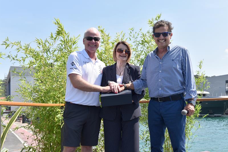 American Magic receives the first unit of BGH (l-r) Terry Hutchinson, President and Skipper of American Magic, Carla Demaria, Bluegame CEO, Luca Santella, Head of Product Strategy and the leader of the BGH Project - photo © Bluegame