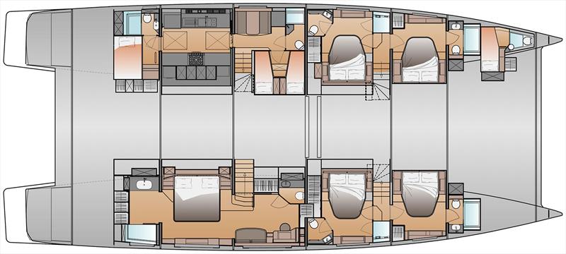 Galley down version and four guest cabins on the Power 80 - photo © Fountaine Pajot