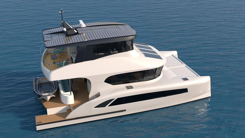 Flybridge version of the Pacifica 44 highlighting tender stowage and solar array - photo © Bury Design