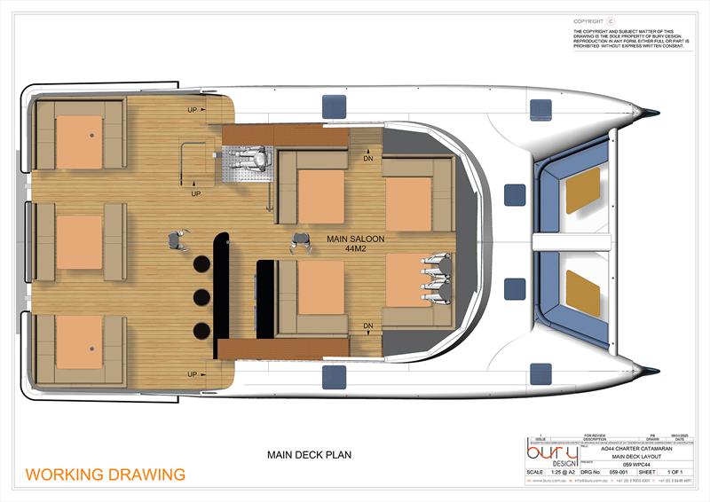 Main deck space is converted to abundant lounging in the Resort version of the Pacifica 44 - photo © Bury Design