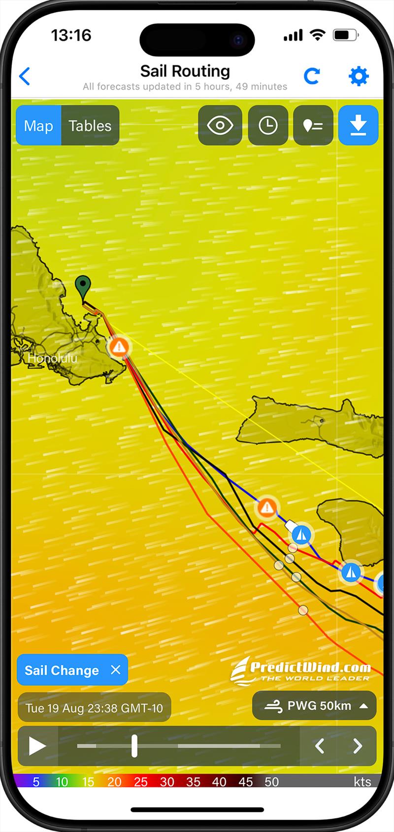 Sail Change mobile screenshot - Predictwind Sail Crossover Feature - August 2025 - photo © Predictwind