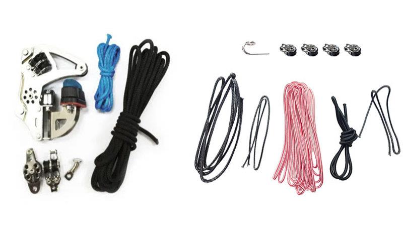 Performance Sailcraft's complete vang (left) and outhaul (right) packs from Harken - photo © RYA