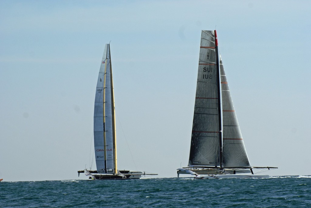 Alinghi 5 and USA-17 at a critical moment on Leg 1 of Race 1, 2010 America's Cup photo copyright Richard Gladwell www.photosport.co.nz taken at  and featuring the  class