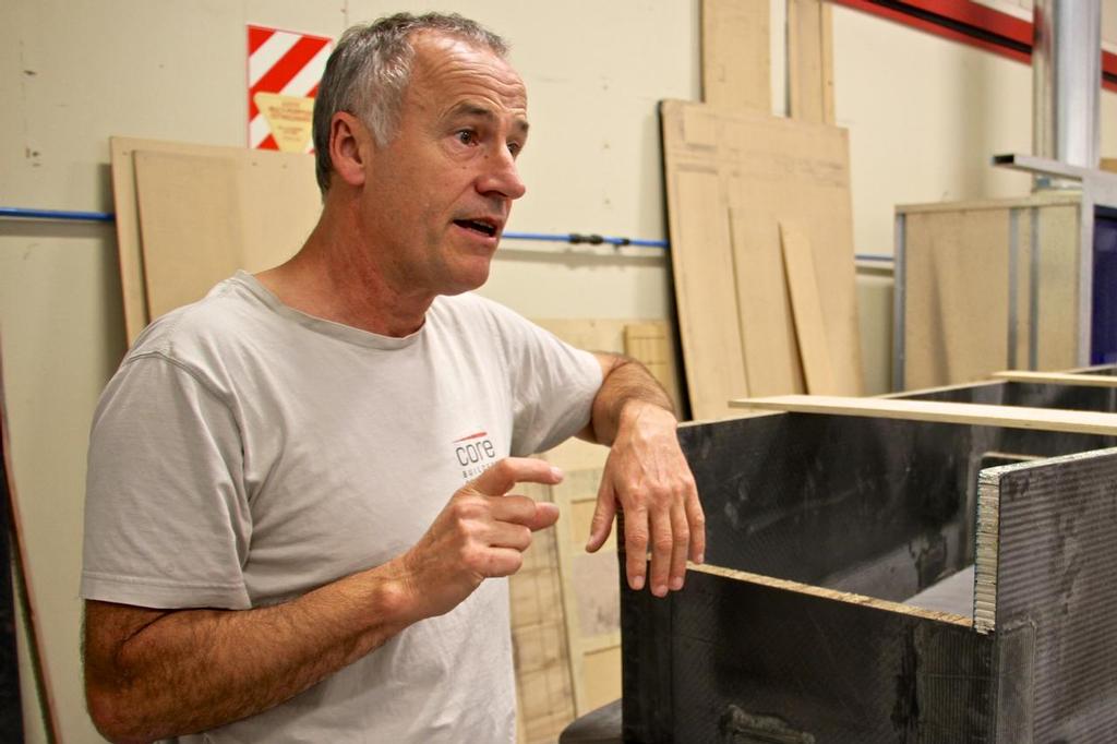 Tim Smyth makes a point leaning on part of the Makani kite for a power generation project -  Core Builders Composite - Warkworth April 2015 - photo © Richard Gladwell www.photosport.co.nz