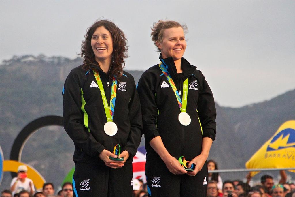 Jo Aleh and Polly Powrie after being presented with their Silver Medals Womens 470 class - 2016 Olympic Regatta - photo © Richard Gladwell www.photosport.co.nz