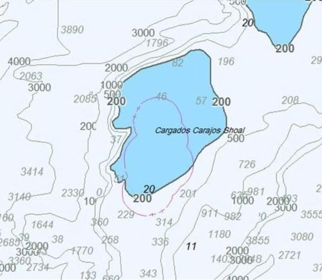 Unofficial electronic chart with reef, islands and obstructions missing. Incorrect depth areas and contours result in an incorrect and unreliable safety depth contour (defaulting to 200m instead of the missing 30m contour incorrectly suggests all lesser depths are highlighted). Note that the 11m obstruction is one of several not highlighted, the 15m obstruction is missing and a false 10m shoal appears to have been added. &copy; Australian Maritime Safety Authority http://www.amsa.gov.au