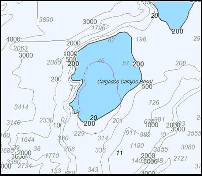 Unofficial electronic chart with reef, islands and obstructions missing. Incorrect depth areas and contours result in an incorrect and unreliable safety depth contour (defaulting to 200m instead of the missing 30m contour incorrectly suggests all lesser depths are highlighted). Note that the 11m obstruction is one of several not highlighted, the 15m obstruction is missing and a false 10m shoal appears to have been added. &copy; Australian Maritime Safety Authority http://www.amsa.gov.au