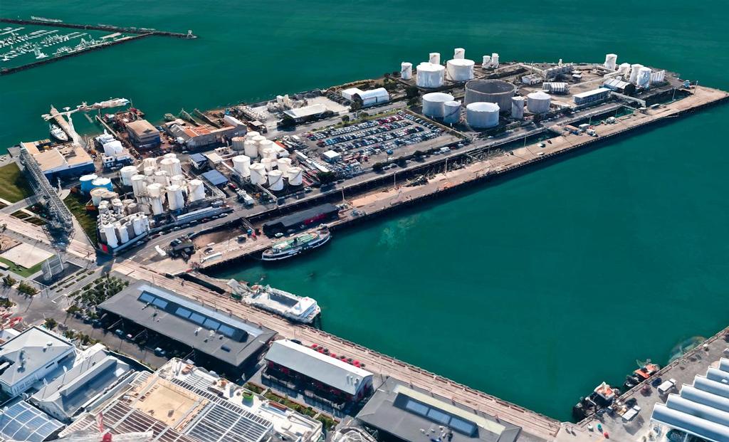 Several proposals for the 2021 America’s Cup have bases nestled into the hideous backdrop of the Silo City on Wynyard Point. One proposal has three bases in a location extending from the inside left corner of Wynyard Point near the car ferry berth, to beyond halfway up the carpark on the Point and extending over the water. - photo © Google Earth