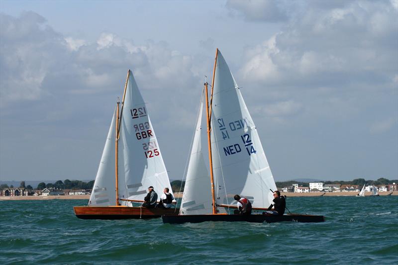 Jan van Galen NED 14 and Windspiel GBR125 during the Sharpie Europeans photo copyright David Priscott taken at Itchenor Sailing Club and featuring the Sharpie class