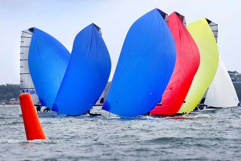 Crowded mark - Australian 16ft and 13ft Skiff Championships, day 4 photo copyright Mark Rothfield taken at Port Stephens Yacht Club and featuring the 16ft Skiff class