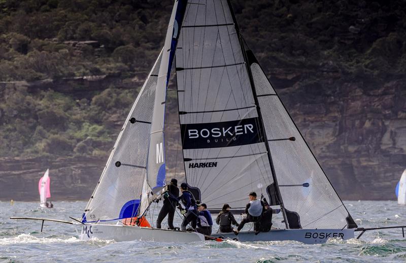 Manly 16ft Skiff Club Championship Heat 3: Hard to split MCC and Bosker at the top mark - photo © SailMedia