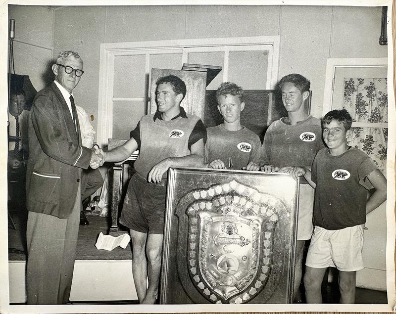 Frank Lepherd presents winning Botany Bay Stuart shield to Ken Beashel and crew of Big Bear 1960/61. Photo taken in our second of four clubhouses, now buried under the Captain Cook Bridge! photo copyright St George Sailing Club taken at St George Sailing Club and featuring the 16ft Skiff class