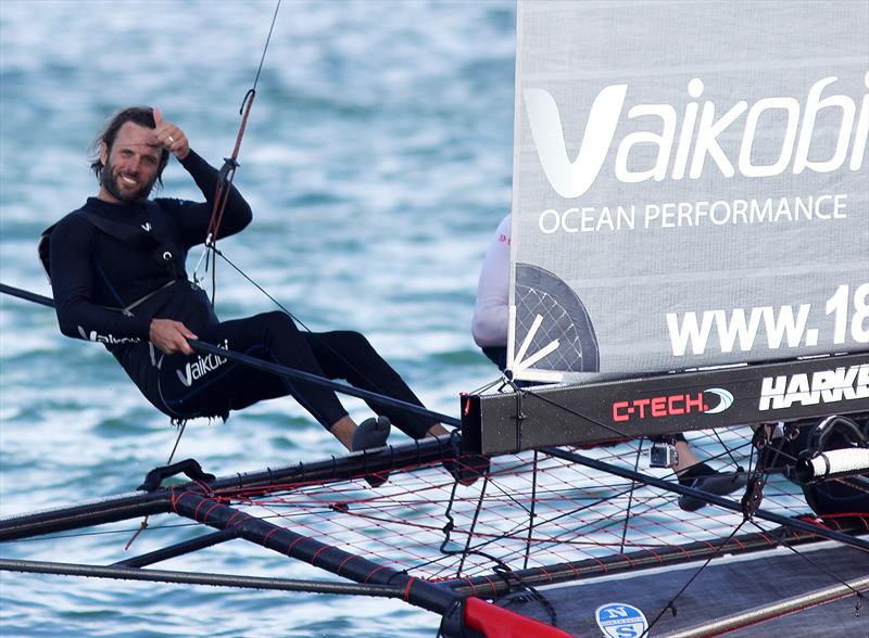 Jack Macartney gives the thumbs up to the spectator fleet during the 18ft Skiff NSW Championship final race - photo © Frank Quealey