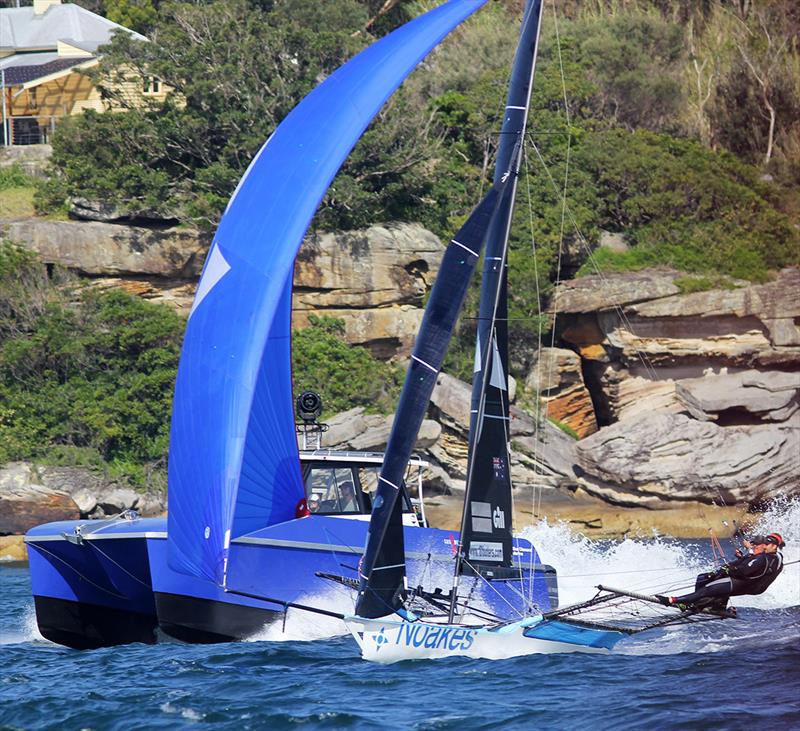Noakes Blue and the video livestream camera boat - 18ft Skiffs: Spring Championship photo copyright Frank Quealey taken at Australian 18 Footers League and featuring the 18ft Skiff class