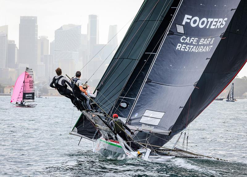18 Footers Bar and Restaurant head for the finish line to take out the Sponsors Race photo copyright SailMedia taken at Australian 18 Footers League and featuring the 18ft Skiff class
