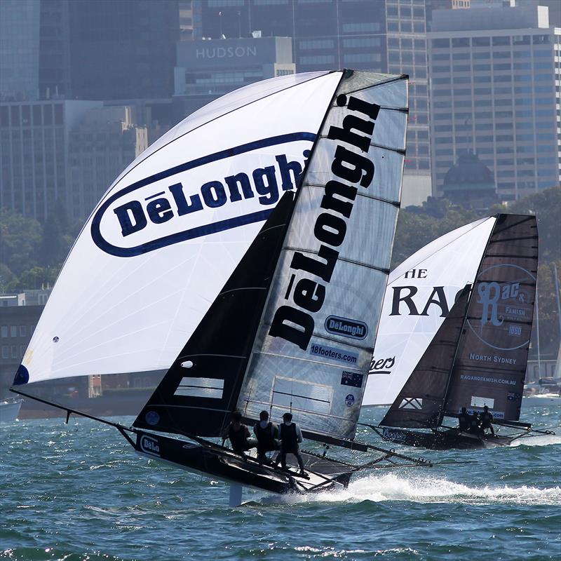 De'Longhi and Rag and Famish Hotel head for the bottom mark in a nor'easter photo copyright Frank Quealey taken at Australian 18 Footers League and featuring the 18ft Skiff class