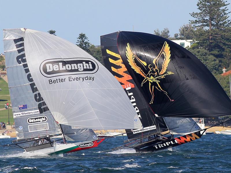 Simon's De'Longhi and 2MMM race downwind in a brilliant Sydney Harbour north east breeze photo copyright Frank Quealey taken at Australian 18 Footers League and featuring the 18ft Skiff class