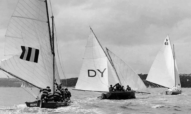 Racing action between Australian and New Zealand boats at the 1938 World Championship photo copyright John Stanley Collection taken at Australian 18 Footers League and featuring the 18ft Skiff class