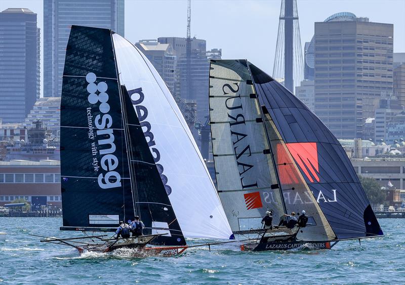 Lazarus leads Smeg under spinnaker - 18ft Skiff NSW Championship 2024 photo copyright SailMedia taken at Australian 18 Footers League and featuring the 18ft Skiff class