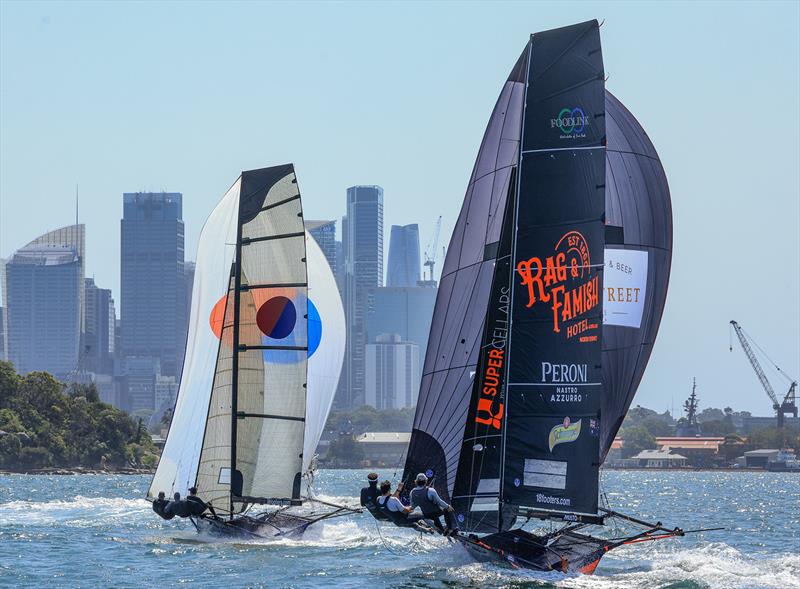 Yandoo leads Rag and Famish Hotel home in Race 7 - 18ft Skiff NSW Championship 2024 photo copyright SailMedia taken at Australian 18 Footers League and featuring the 18ft Skiff class