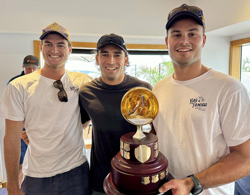 Rag and Famish team with the NSW Championship trophy - 18ft Skiff NSW Championship 2024 photo copyright SailMedia taken at Australian 18 Footers League and featuring the 18ft Skiff class