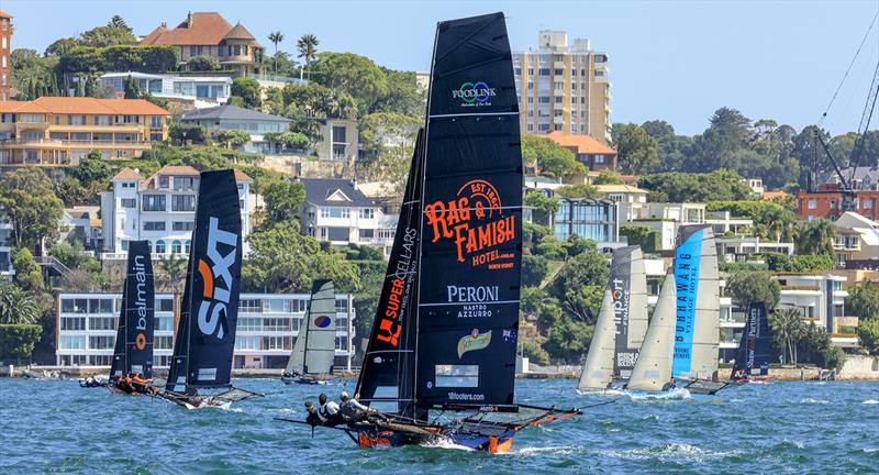 Balmain leads the race to the weather mark in Race 8 - 18ft Skiff NSW Championship 2024 photo copyright SailMedia taken at Australian 18 Footers League and featuring the 18ft Skiff class