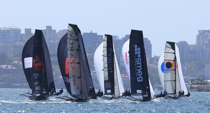 Yandoo leads the fleet on a spinnaker run - 18ft Skiff NSW Championship 2024 photo copyright SailMedia taken at Australian 18 Footers League and featuring the 18ft Skiff class