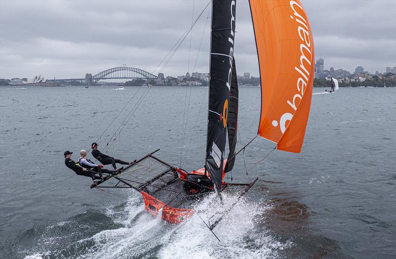 Balmain on the run to Athol Bay - 18ft Skiff Club Championship photo copyright SailMedia taken at Australian 18 Footers League and featuring the 18ft Skiff class