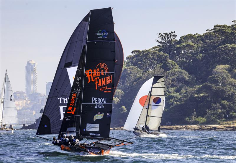 Winnings 2025 JJ Giltinan 18ft Skiff Championship Race 8 - Yandoo leads The Rag home photo copyright SailMedia taken at Australian 18 Footers League and featuring the 18ft Skiff class