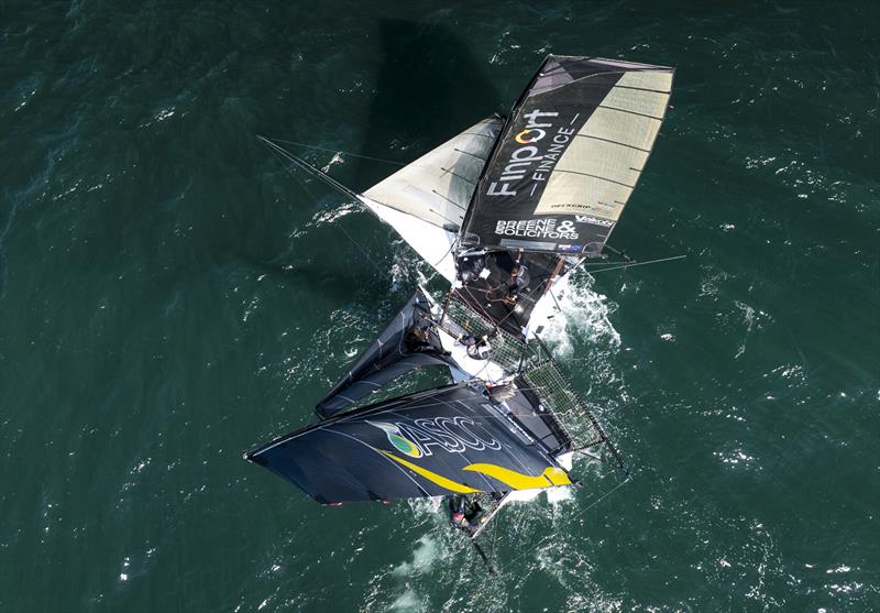 Winnings 2025 JJ Giltinan 18ft Skiff Championship Race 8 - The racing incident with ASCC and Finport Finance, from above photo copyright SailMedia taken at Australian 18 Footers League and featuring the 18ft Skiff class