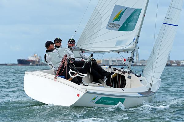 Colin Harrison, Jonathan Harris & Russell Boaden on day 4 of ISAF Sailing World Cup Melbourne - photo © Sport the library / Jeff Crow