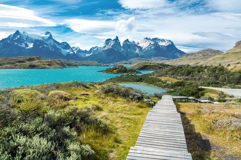 Pehoe Lake and Guernos Mountains set against turquoise waters at Torres del Paine national park , Patagonia, Chile photo copyright Photo supplied taken at  and featuring the Superyacht class