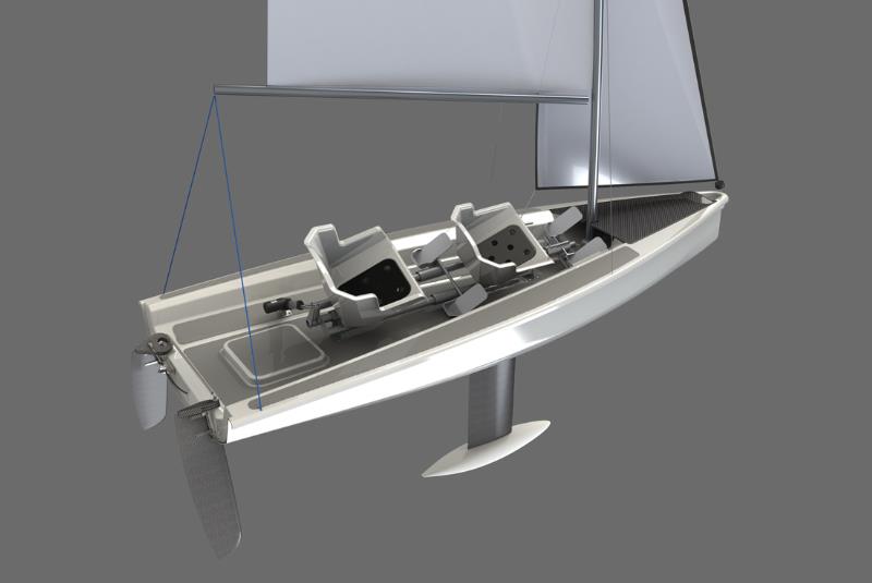 The SV 14 has a bulk keel, twin rudders, and seats mounted on a pivot (bicycle handlebar steering not shown) - photo © Werft