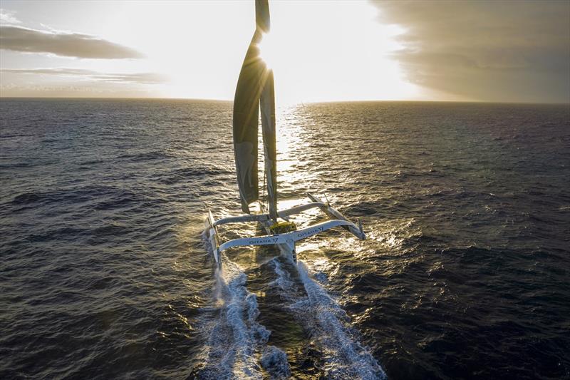 The Maxi Edmond de Rothschild sets off again on their Jules Verne Trophy record attempt photo copyright Y.Riou / polaRYSE / Gitana S.A taken at  and featuring the Trimaran class