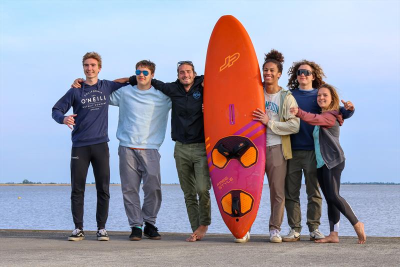 The Surf Opening Class of '23. From the left: Nico Karner, Moritz Pap, Coach Maarten Molenaar, David Lewis, Alex Roessler and Franzi Czech photo copyright Freestyle Pro Tour taken at  and featuring the Windsurfing class