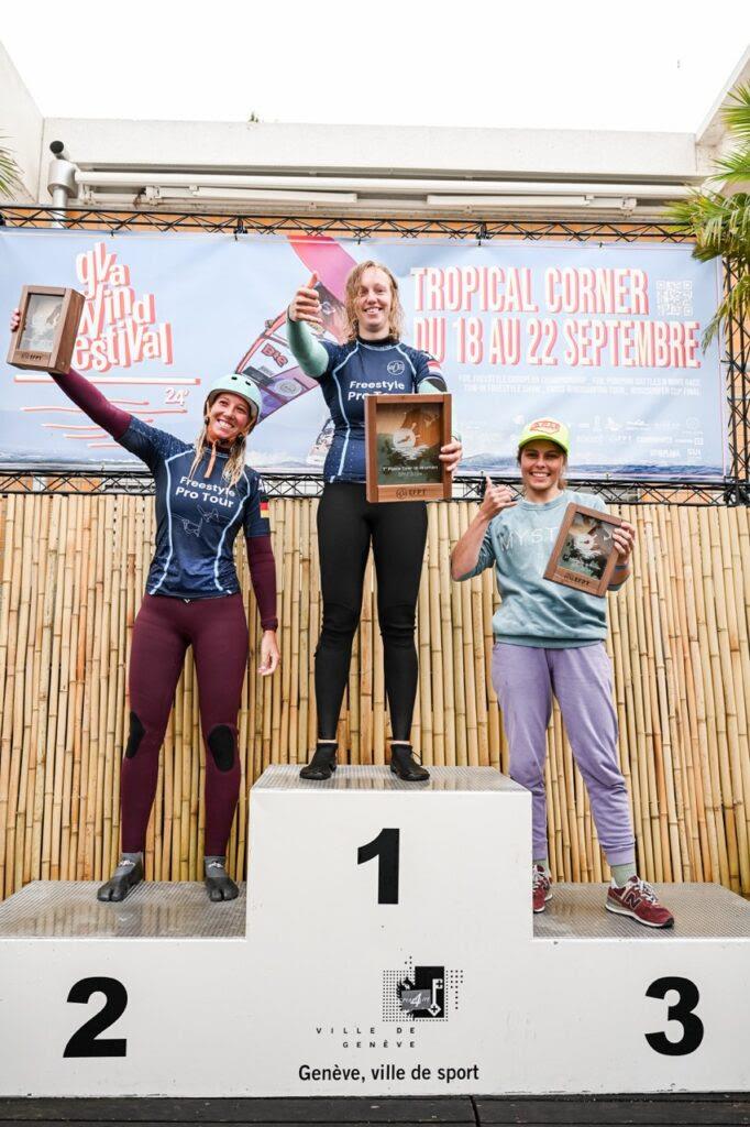 Maaike Huvermann in first, Lisa Kloster in second and Anina Heimoz in third - 2024 Freestyle Pro Tour Geneva photo copyright PROtography Official taken at  and featuring the Windsurfing class